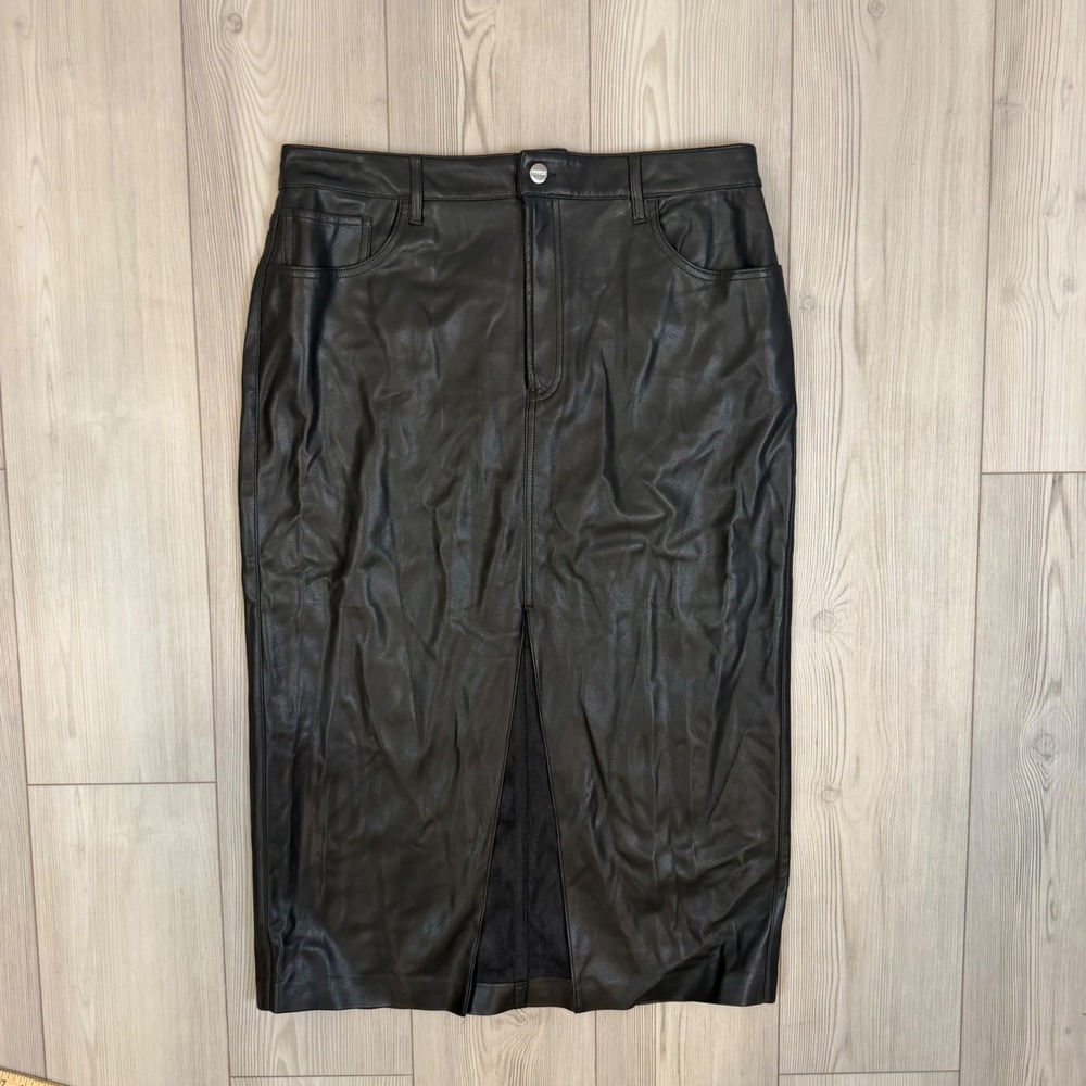 Express Black Faux Leather Midi Skirt‎ Front Slit High Waisted Size 14 007650560